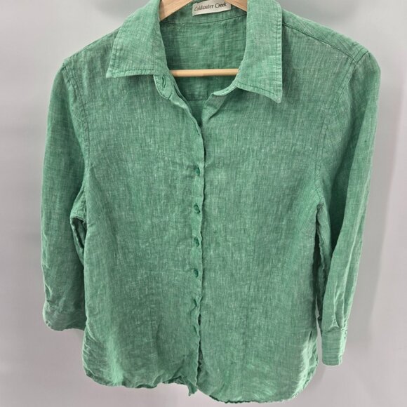 Coldwater Creek Green 100% Linen 3/4 Sleeved Button Up Size Medium 10-12 - Picture 1 of 11
